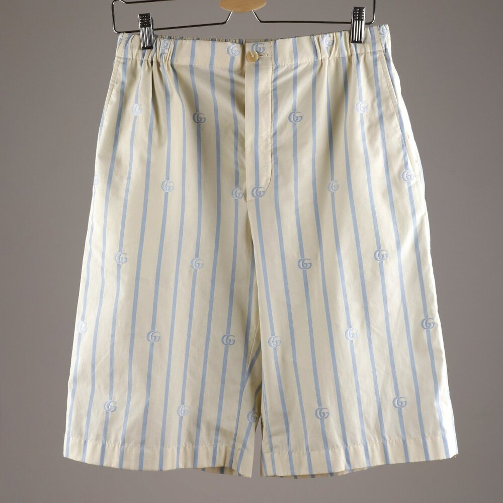 Men's GUCCI Cream Beige Shorts GG Logo Sky Blue Striped Size IT44 170/70A